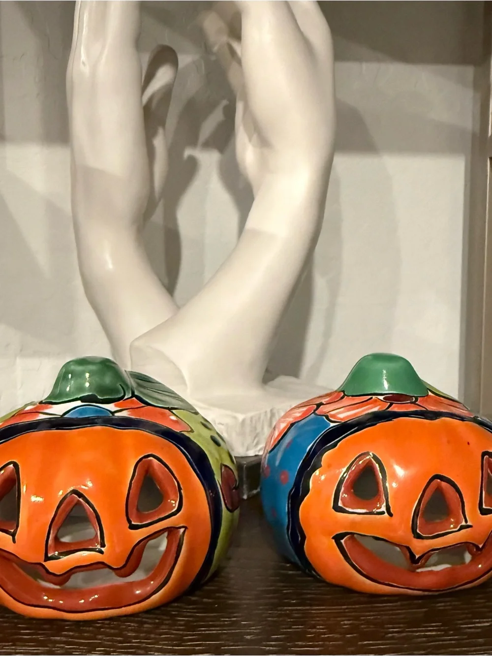 Authentic Talavera Hand-Painted 3.5” Ceramic Jack-O'-Lantern Pair